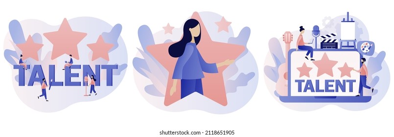 Talent concept. Talented tiny people. Super star. Open your potential. Modern flat cartoon style. Vector illustration on white background