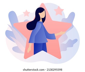 Talent concept. Talented tiny woman in big star. Super star. Open your potential. Modern flat cartoon style. Vector illustration on white background