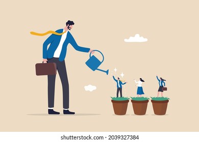 Talent development, career growth, training or coaching staff develop skill, employee improvement, HR human resources concept, businessman manager watering growth talented staff in grow seedling pot.