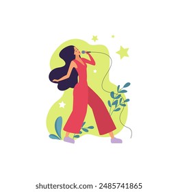 Talent female character singing into microphone, personality emotions and inspiration vector illustration