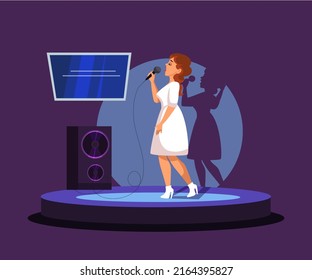 Talent female singer with microphone singing in karaoke competition vector illustration. Cartoon young woman in dress holding mic to sing song on club stage, performance in spotlight background