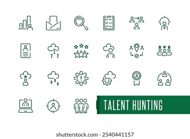 Conjunto de ícones da Web da linha de caça de talentos. Contendo currículo, carreira, recrutamento, headhunt, contratação, contratação e muito mais. Pixel perfeito. Coleção de ícones de contorno de vetor.