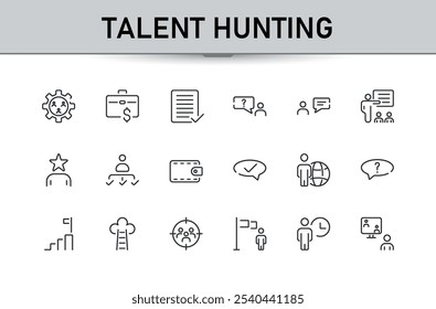 Talent hunting line web icon set. Containing resume, career, recruit, headhunting, hiring, hire and more. Pixel perfect. Vector outline icons collection.