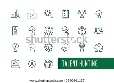 Talent hunting line web icon set. Containing resume, career, recruit, headhunting, hiring, hire and more. Pixel perfect. Vector outline icons collection.