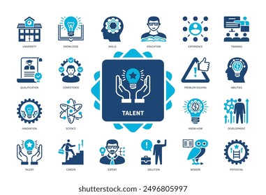 Talent icon set. Competence, Expert, Solution, Skills, Experience, Qualification, Education, Development. Duotone color solid icons