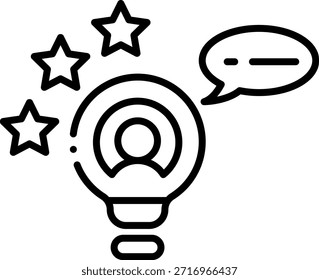 Concepto de idea de talento con bombilla, calificaciones de estrellas y burbuja de discurso