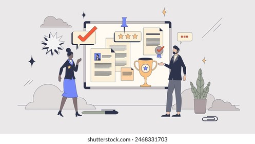 Talent management and best candidate for job tiny person neubrutalism concept. Search professional employee with high skill vector illustration. HR or human resources work to find good personnel.