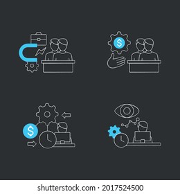 Talent management chalk icons set.Resource management, performance monitoring, evp, attracting employees.Isolated vector illustrations on chalkboard