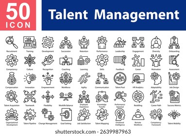  Talent Management Collection of Icons with Outline Style Containing: 
Recruitment,Training,Development,Succession,Retention,Performance,Leadership,Engagement,Diversity,Onboarding,Competency,Culture