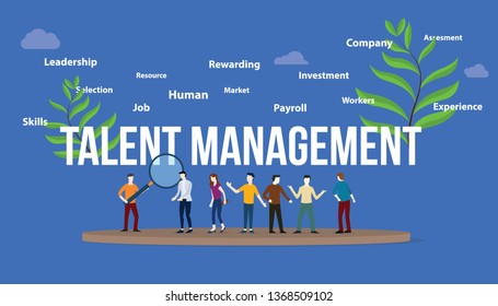 talent management concept with big text and team people with green leaf - vector illustration