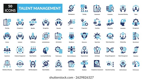Talent management fill icon collection set. Includes recruitment, training, performance, skills, development, retention, leadership, career