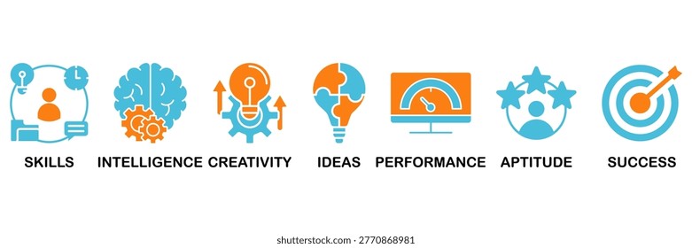 Talent management icon set Aqua Orange Flat Design, Vector Illustration concept relate to icon of human resource and recruitment with icon of skills, intelligence, creativity, ideas, performance, aptitude, and success