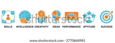 Talent management icon set Aqua Orange Flat Design, Vector Illustration concept relate to icon of human resource and recruitment with icon of skills, intelligence, creativity, ideas, performance, aptitude, and success
