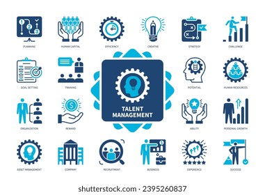 Talent Management icon set. Engagement, Ability, Efficiency, Aspiration, Potential, Creativity, HR Management, Human Resources. Duotone color solid icons