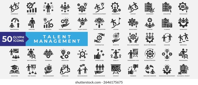 Talent Management icons collection set. Containing Leadership, development, career, assessment, recruitment, planning, skill, mentoring, teamwork, innovation and job training. Simple Glyph Vector.