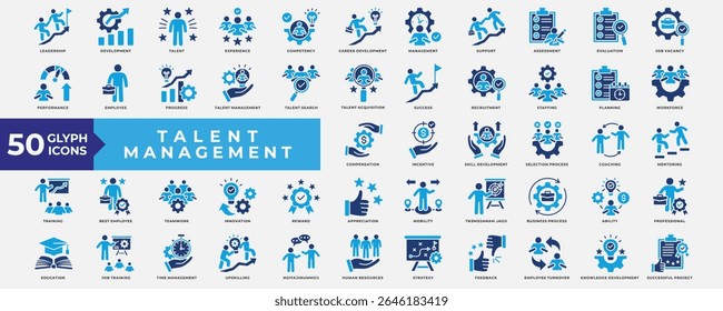 Talent Management icons collection set. Containing Leadership, development, career, assessment, recruitment, planning, skill, mentoring, teamwork, innovation and job training. Simple Flat vector.