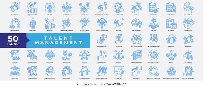 Talent Management icons collection set. Containing Leadership, development, career, assessment, recruitment, planning, skill, mentoring, teamwork, innovation and job training. Simple Blue vector.