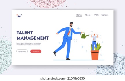 Talent Management Landing Page Template. Businessman Watering Growth Talented Staff in Pot. Using Talented Employee Concept, Business Characters Career Growth. Cartoon People Vector Illustration