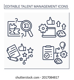 Talent Management Line Icons Set. Skill Gap Analysis, Employee Potential, Career And Workforce Planning. Improving Business Performance Concept. Isolated Vector Illustrations. Editable Stroke