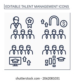 Talent Management Line Icons Set. Employer Brand, Employee Retention, Internship Programs, Training Programs. Improving Business Performance Concept. Isolated Vector Illustrations. Editable Stroke