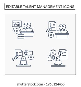 Talent management line icons set.Payroll management, project management, employee task management, survey.Business Practice concept. Isolated vector illustrations.Editable stroke