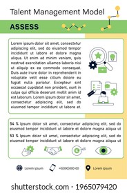 Talent management model brochure.Assess.Talent analytics.Project management template.Flyer, magazine, poster,book cover,booklet.Business Practice infographic concept.Layout illustration page with icon