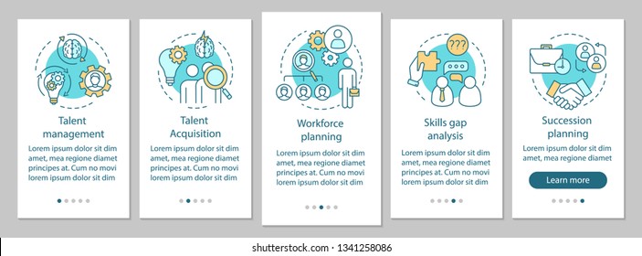 Talent management onboarding mobile app page screen vector template. Workforce planning, talent acquisition. Walkthrough website steps, linear illustrations. UX, UI, GUI smartphone interface concept