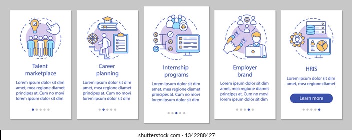 Talent management onboarding mobile app page screen vector template. Internship program, marketplace. HRIS. Walkthrough website steps, linear illustrations. UX, UI, GUI smartphone interface concept