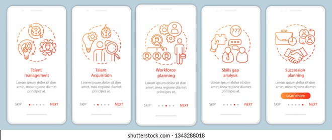 Talent Management Onboarding Mobile App Page Screen With Linear Concepts. Workforce, Talent Acquisition. Internship Walkthrough Steps Graphic Instructions. UX, UI, GUI Vector Template, Illustrations