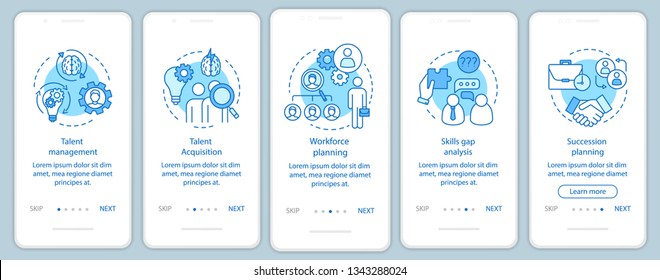 Talent management onboarding mobile app page screen vector template. Workforce planning, talent acquisition. Walkthrough website steps, linear illustrations. UX, UI, GUI smartphone interface concept