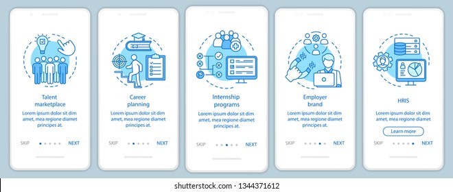 Talent management onboarding mobile app page screen vector template. Marketplace. Internship program. HRIS. Walkthrough website steps, linear illustrations. UX, UI, GUI smartphone interface concept