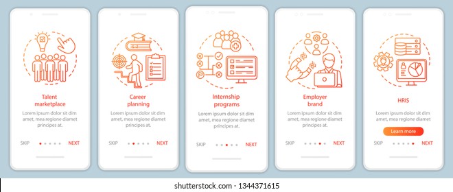 Talent Management Onboarding Mobile App Page Screen With Linear Concepts. Marketplace. HRIS. Internship Program Walkthrough Steps Graphic Instructions. UX, UI, GUI Vector Template With Illustrations