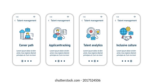 Talent management onboarding mobile app screens.Recruitment. Talent development.Business Practice steps menu. Set of UI, UX, web template with RGB color linear icons