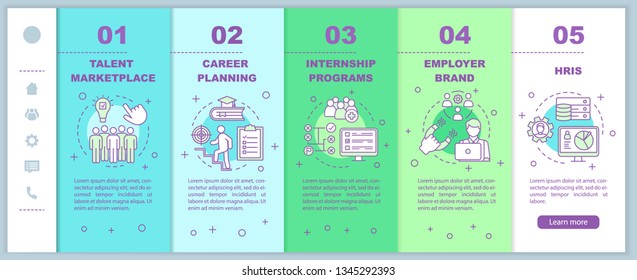 Talent management onboarding mobile web page vector template. Internship, marketplace. Responsive smartphone website interface idea, linear illustration. Webpage walkthrough step screen. Color concept