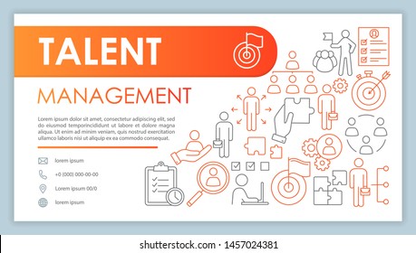 Talent management web banner, business card vector template. Recruitment company contact page with phone, email linear icons. Presentation, web page idea. HR agency corporate print design layout