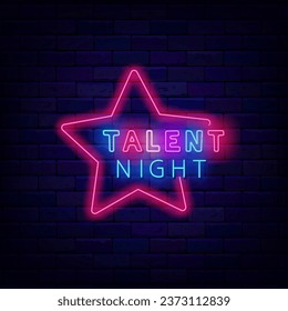 Talent night neon label. Star shape frame. Celebrity competition. Shiny typography on brick wall. Concert and award. Bright banner. Editing text. Vector stock illustration