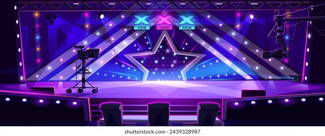 Talent reality show with equipment on stage for tv broadcast and record. Cartoon vector competition scene with jury chairs and table, vote signs, big star and microphone, video cameras and spotlights.