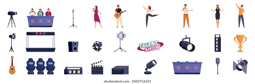 Talent reality show icons set. Singers, dancers and musicians are performing on stage in front of a jury during a tv talent show