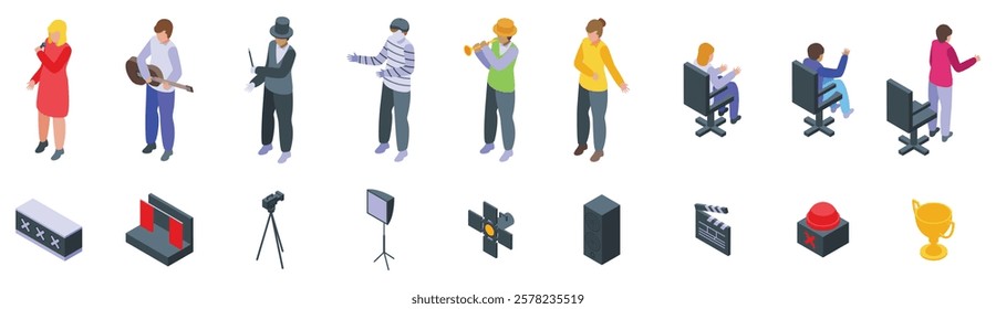 Talent reality show icons set. Isometric icons depict singers, musicians, magicians, actors, judges, and equipment used in talent shows, capturing the diverse elements of these competitions