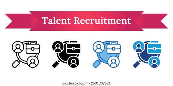 Talent Recruitment - Multi Style Outline, Glyph Silhouette, Blue, Dual Tone Icon - Magnifying glass over users and briefcase, showing targeted talent search and recruitment process