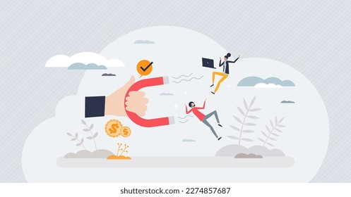 Talent retention or employee management with benefits tiny person concept. Human resources magnet as financial salary growth for motivation vector illustration. HR employment pick and selection.