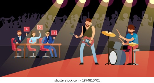 Talent rock show. Guitarist and drummer on stage, crowd of fans in hall, judges give marks, male musicians with electric guitar and drums, musical group performance. Vector cartoon concept