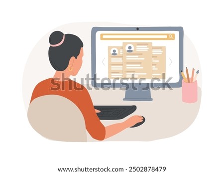 Talent search isolated cartoon vector illustrations. HR specialist searching for an applicant using laptop, human resources manager, recruiting process, posting vacancy vector cartoon.