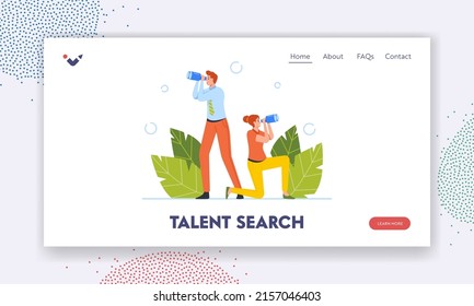 Talent Search Landing Page Template. Business Characters Watching to Binoculars, Business Vision, Employee Recruitment, Visionary Forecast, Prediction, Planning. Cartoon People Vector Illustration