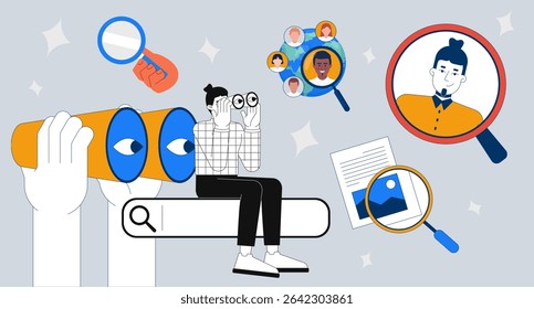 Talent search and online recruitment 2D illustration concept. HR manager using binoculars for top candidates, headhunting cartoon conceptual abstract vector art. Flat metaphor on grey background
