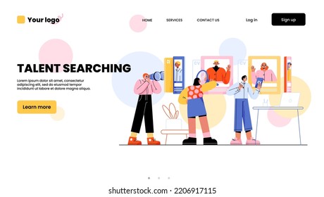 Talent searching landing page. Hr team research workers, recruitment concept with business people choose best candidate for job. Hiring and human resource agency, Line art flat vector web banner