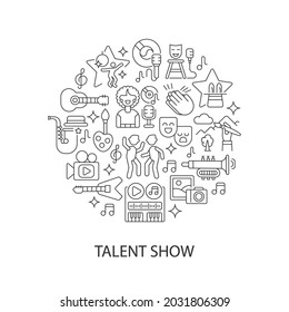 Talent Show Abstract Linear Concept Layout With Headline. Live Entertainment. Fun And Enjoyment. Live Show Minimalistic Idea. Thin Line Graphic Drawings. Isolated Vector Contour Icons For Background