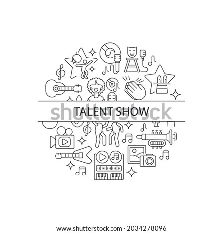 Talent show abstract linear concept layout with headline. Demonstrate talent and creativity. Live show minimalistic idea. Thin line graphic drawings. Isolated vector contour icons for background