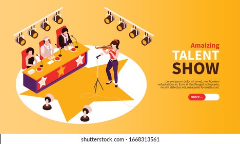 Talent Show Audition Isometric Golden Background Horizontal Banner With Violin Playing Participant Performing Before Judges Vector Illustration 