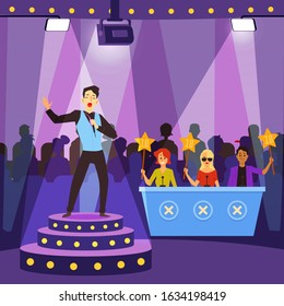 Talent Show - Cartoon Singer Man Singing On Stage And Judge Panel Showing Perfect Scores. Contestant Giving Song Performance For People - Flat Vector Illustration